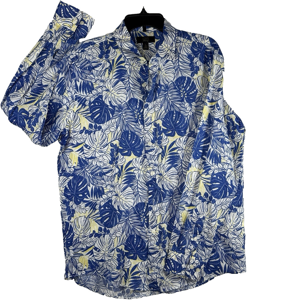 Club Room Luxury Linen Shirt Mens Large Blue Tropical Button Front Casual